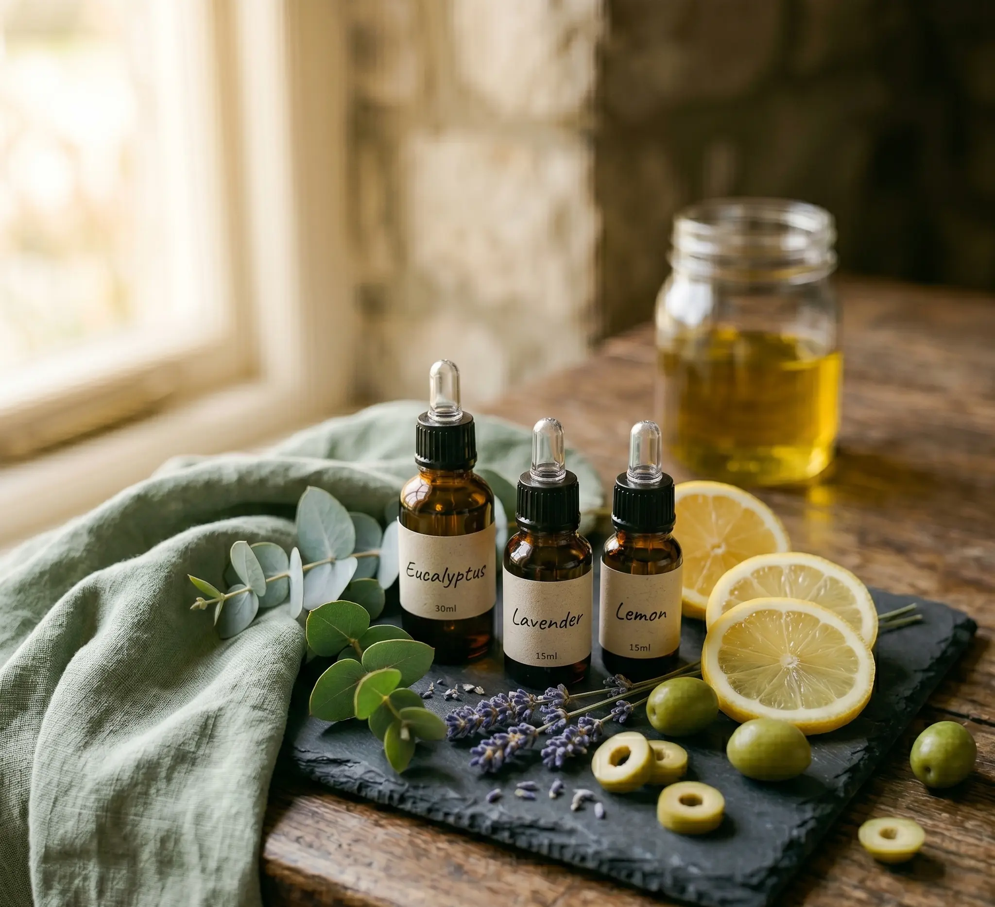 Pure essential oils in amber bottles