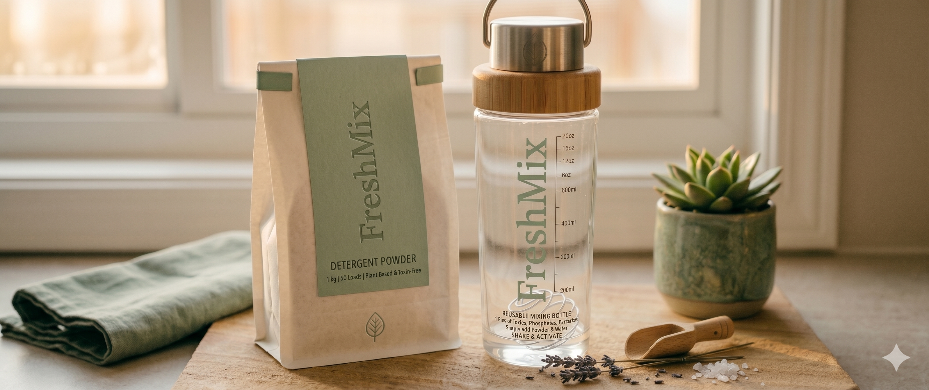 FreshMix natural detergent powder and reusable mixing bottle