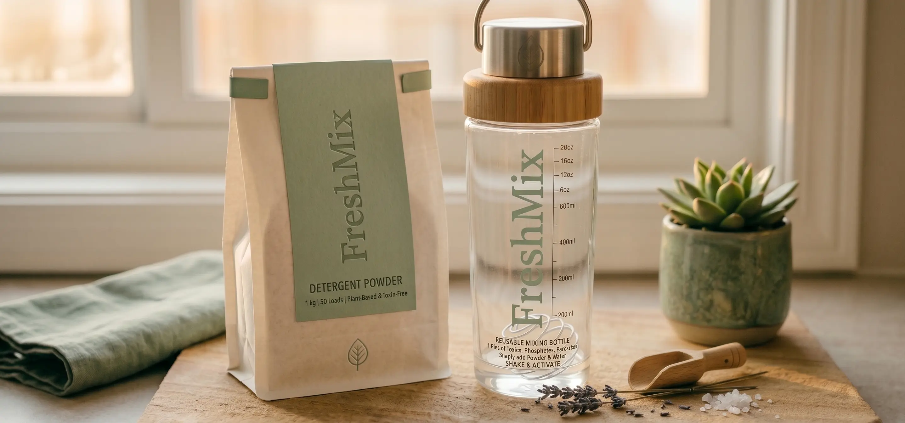 FreshMix natural detergent powder and reusable mixing bottle