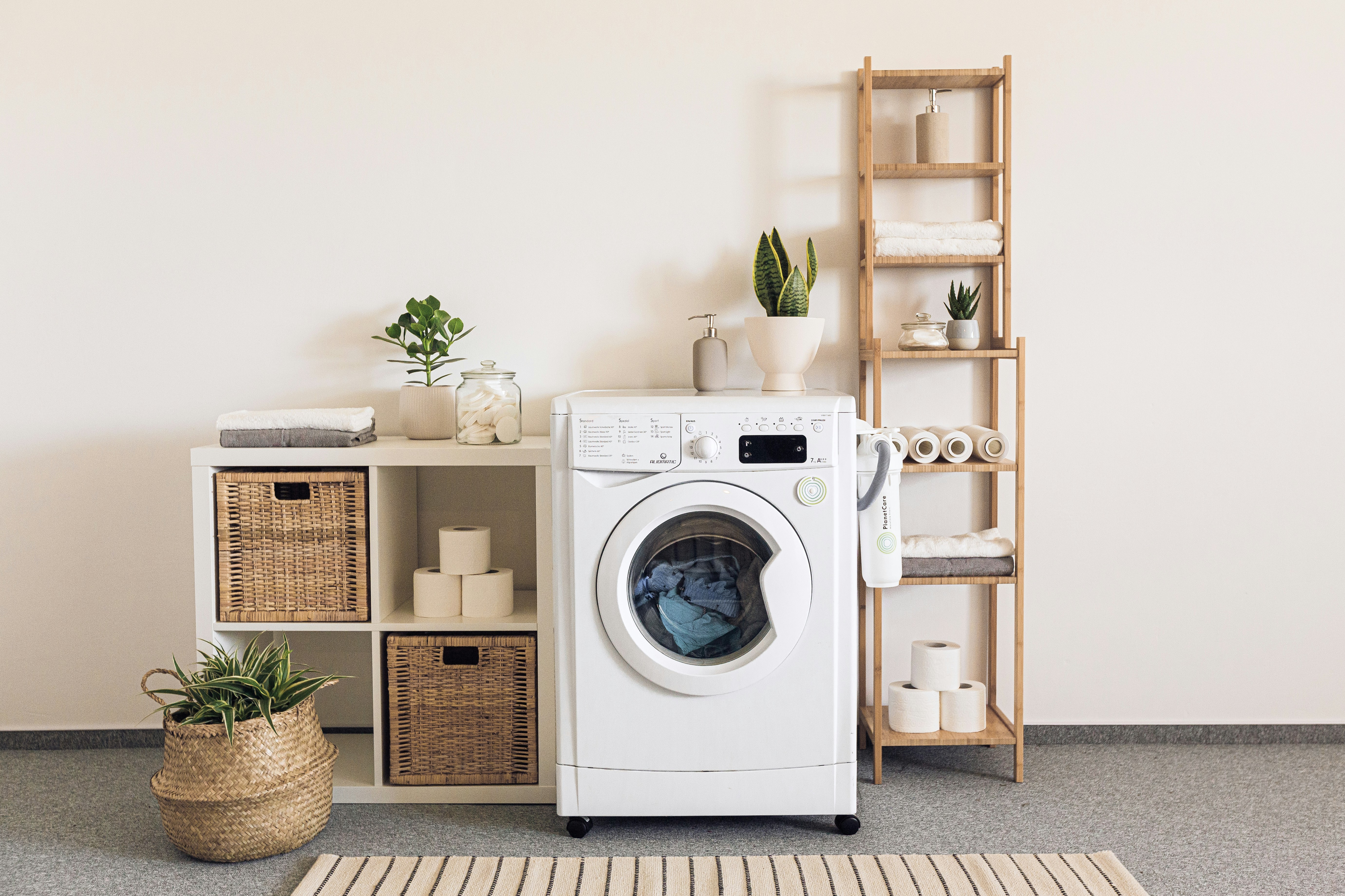 Natural laundry sanctuary with plants and wooden accents